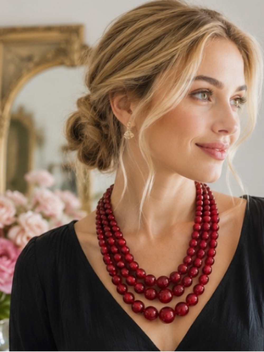 Vintage Triple Strand Cranberry Red Graduated Bead Necklace 16” cottagecore